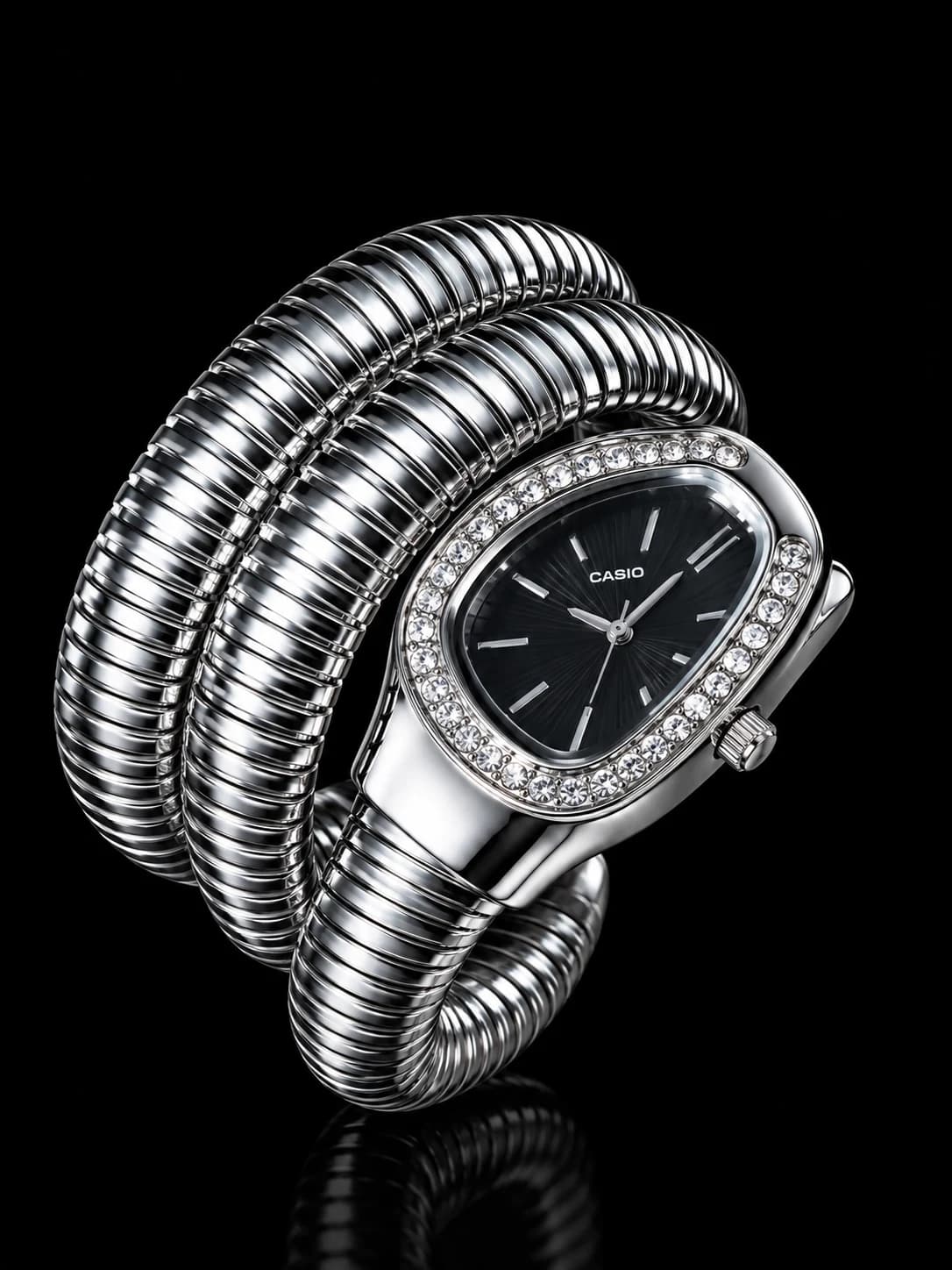Silver Serpent Coil Luxury Watch with Crystal-Style Bezel & Black Dial