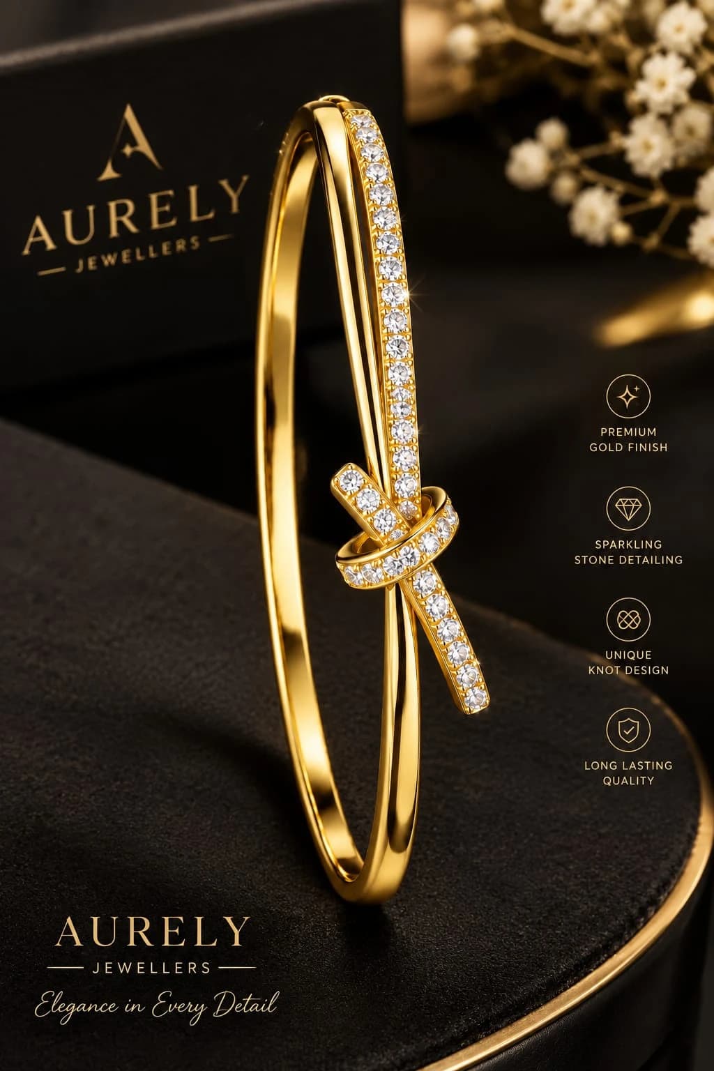 Aurely Gold-Tone Crystal Knot Design Bangle Bracelet for Women