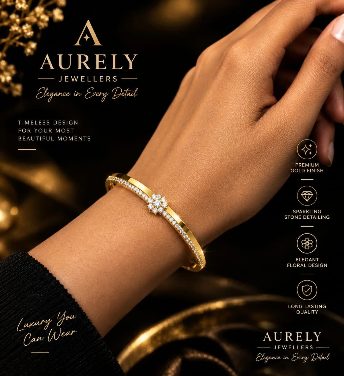 Aurely Gold-Tone Floral Crystal Kada Bracelet for Women